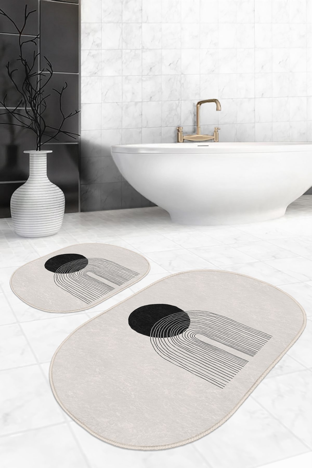 Krem Zeminli Çizgili Tasarım Dijital Baskılı 2'li Oval Kaymaz Tabanlı Banyo & Mutfak Paspas Takımı Realhomes