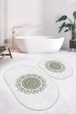 - RealHomes - Realhomes  Tüy Motifli Mandala Tasarımlı Dijital Baskılı 2'li Oval Kaymaz Tabanlı Banyo & Mutfak Paspas Takımı Realhomes