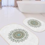 Pembe Zemin Yaprak Tasarımlı 2'li Oval Kaymaz Tabanlı Banyo Paspas Takımı & Klozet Paspas Seti Realhomes