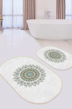 - RealHomes - Realhomes  Tüy Motifli Mandala Tasarımlı Dijital Baskılı 2'li Oval Kaymaz Tabanlı Banyo & Mutfak Paspas Takımı Realhomes