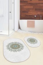 - RealHomes - Realhomes  Tüy Motifli Mandala Tasarımlı Dijital Baskılı 2'li Oval Kaymaz Tabanlı Banyo & Mutfak Paspas Takımı Realhomes