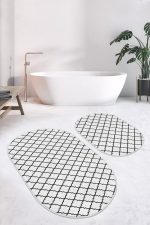 - RealHomes - Realhomes  Beyaz Zemin Siyah Ogea Tasarımlı 2'li Oval Kaymaz Tabanlı Banyo & Mutfak Paspas Takımı Realhomes