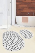 - RealHomes - Realhomes  Beyaz Zemin Siyah Ogea Tasarımlı 2'li Oval Kaymaz Tabanlı Banyo & Mutfak Paspas Takımı Realhomes