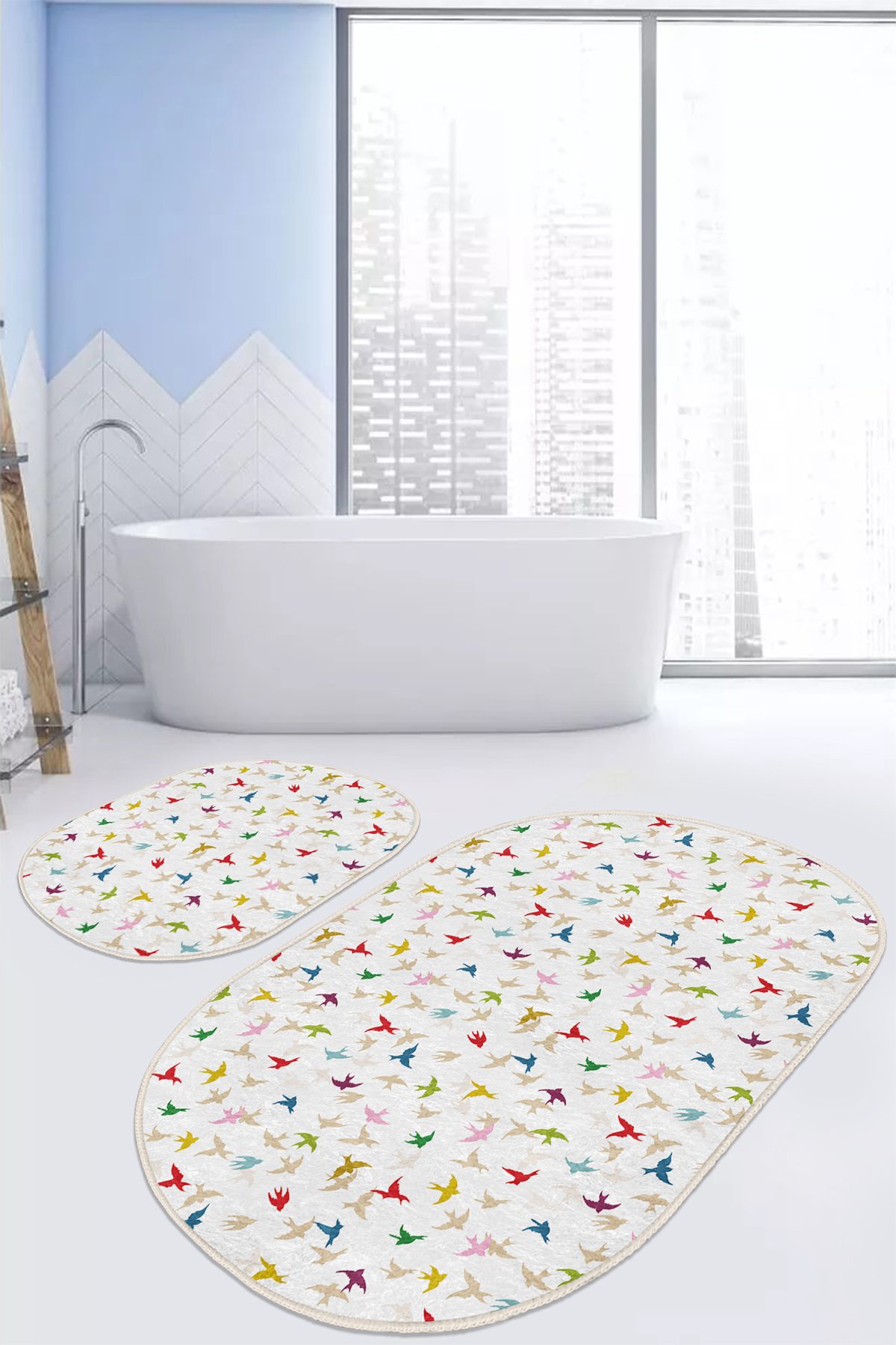 Renkli Kuşlar Özel Tasarımlı Dijital Baskılı 2'li Oval Kaymaz Tabanlı Banyo & Mutfak Paspas Takımı Realhomes