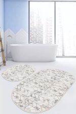 - RealHomes - Realhomes  Gold Çizgili Mermer Tasarımlı Dijital Baskılı 2'li Oval Kaymaz Tabanlı Banyo & Mutfak Paspas Takımı Realhomes