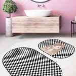 Siyah Beyaz İskandinav Motifli 2'li Oval Kaymaz Tabanlı Klozet Paspas Takımı & Banyo Halı Seti Realhomes