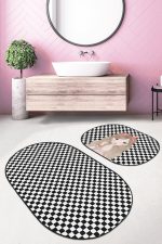 - RealHomes - Realhomes  Dama Tasarım Rujlu Kız Motifli 2'li Oval Kaymaz Tabanlı Banyo & Mutfak Paspas Takımı Realhomes