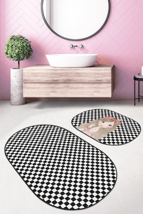 - RealHomes - Realhomes  Renkli Love Temalı Renkli Çizgili 2'li Oval Kaymaz Tabanlı Mutfak Paspas Seti & Banyo Halı Takımı Realhomes