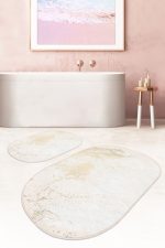 Gold Detaylı Renkli Mermer Motifli Dijital Baskılı 2'li Oval Kaymaz Tabanlı Banyo & Mutfak Paspas Takımı Realhomes