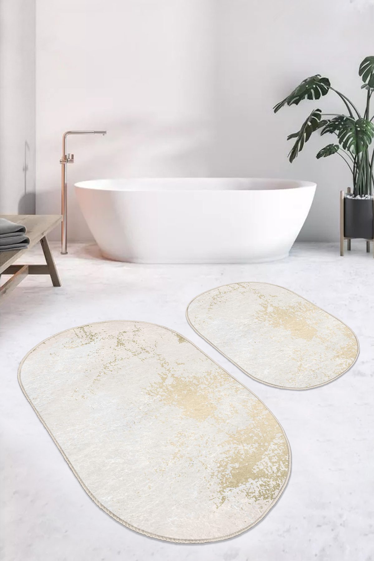 Gold Detaylı Renkli Mermer Motifli Dijital Baskılı 2'li Oval Kaymaz Tabanlı Banyo & Mutfak Paspas Takımı Realhomes