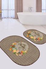 - RealHomes - Realhomes  Kabak Temalı Kahve Ekose Tasarımlı 2'li Oval Mutfak Paspas Takımı & Banyo Halısı Seti Realhomes