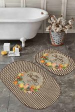 - RealHomes - Realhomes  Kabak Temalı Kahve Ekose Tasarımlı 2'li Oval Mutfak Paspas Takımı & Banyo Halısı Seti Realhomes