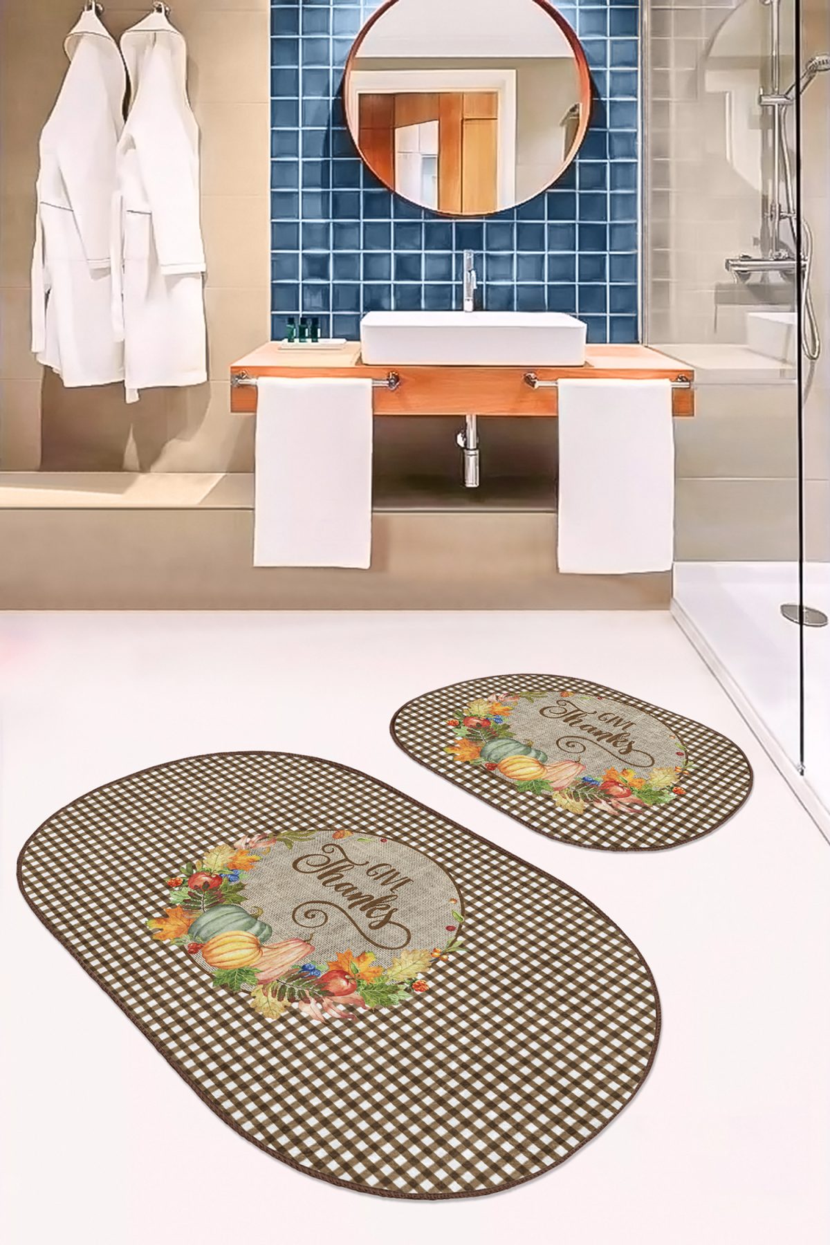 Kabak Temalı Kahve Ekose Tasarımlı 2'li Oval Mutfak Paspas Takımı & Banyo Halısı Seti Realhomes