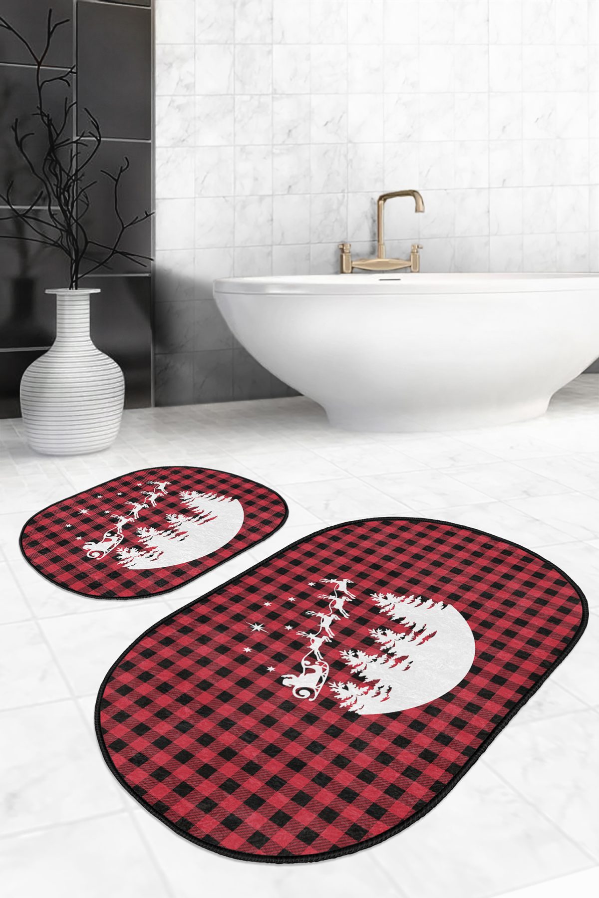 Kırmızı Ekose Motifli Yılbaşı Desenli 2'li Oval Kaymaz Tabanlı Banyo Paspası & Klozet Takımı Realhomes