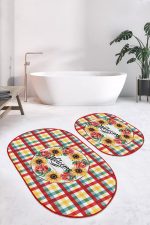 - RealHomes - Realhomes  Renkli Ekose Motifli 2'li Oval Kaymaz Tabanlı Mutfak Paspas Takımı & Banyo Halısı Seti Realhomes