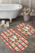 - RealHomes - Realhomes  Renkli Ekose Motifli 2'li Oval Kaymaz Tabanlı Mutfak Paspas Takımı & Banyo Halısı Seti Realhomes