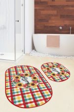 - RealHomes - Realhomes  Renkli Ekose Motifli 2'li Oval Kaymaz Tabanlı Mutfak Paspas Takımı & Banyo Halısı Seti Realhomes