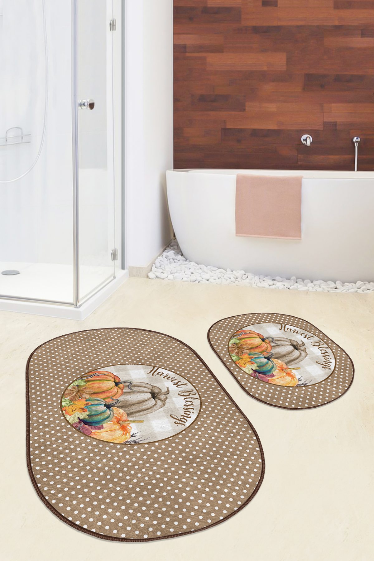 Kabak Temalı Puantiyeli 2'li Oval Kaymaz Tabanlı Mutfak Paspas Takımı & Banyo Paspas Takımı Realhomes
