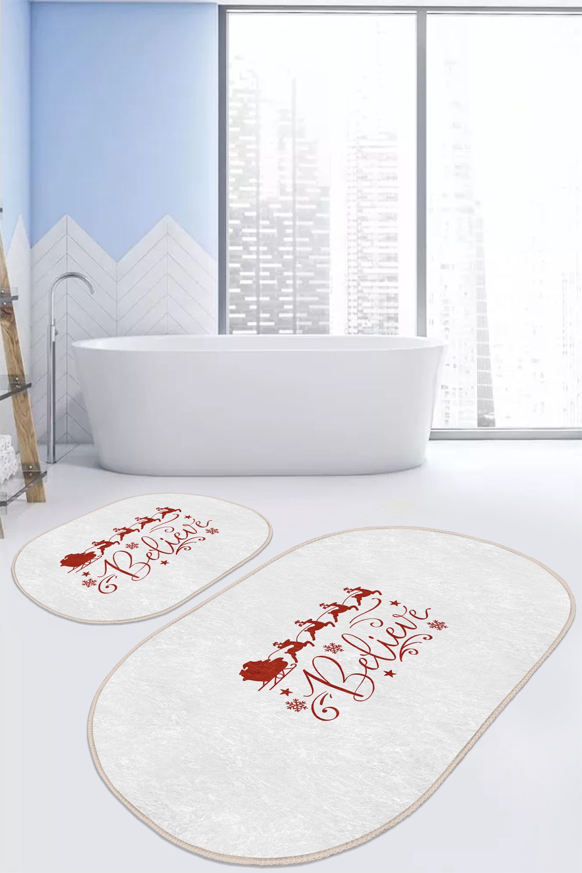 Beyaz Zeminli Yılbaşı Motifli 2'li Oval Kaymaz Tabanlı Mutfak Paspas Seti & Banyo Paspas Takımı Realhomes