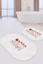 - RealHomes - Realhomes  Beyaz Zeminli Yılbaşı Motifli 2'li Oval Kaymaz Tabanlı Mutfak Paspas Seti & Banyo Paspas Takımı Realhomes