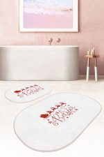 - RealHomes - Realhomes  Beyaz Zeminli Yılbaşı Motifli 2'li Oval Kaymaz Tabanlı Mutfak Paspas Seti & Banyo Paspas Takımı Realhomes