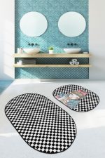 - RealHomes - Realhomes  Kahve İçen Kız Motifli Dama Temalı 2'li Oval Kaymaz Tabanlı Banyo & Mutfak Paspas Takımı Realhomes