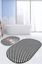 - RealHomes - Realhomes  Kahve İçen Kız Motifli Dama Temalı 2'li Oval Kaymaz Tabanlı Banyo & Mutfak Paspas Takımı Realhomes