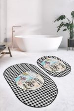 - RealHomes - Realhomes  Siyah Beyaz Ekose Motifli 2'li Oval Kaymaz Tabanlı Mutfak Paspas Takımı Realhomes