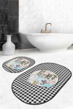 - RealHomes - Realhomes  Siyah Beyaz Ekose Motifli 2'li Oval Kaymaz Tabanlı Mutfak Paspas Takımı Realhomes