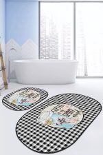 - RealHomes - Realhomes  Siyah Beyaz Ekose Motifli 2'li Oval Kaymaz Tabanlı Mutfak Paspas Takımı Realhomes