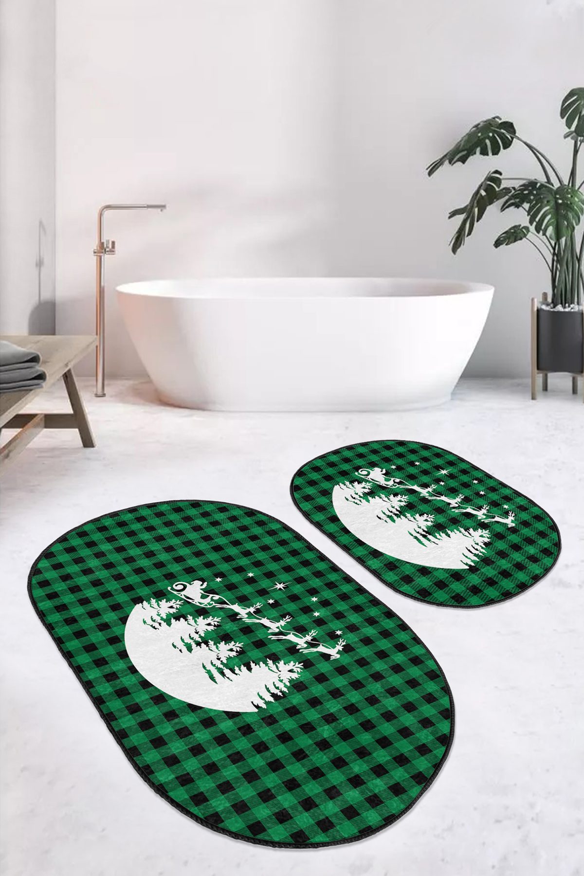 Yeşil Ekose Motifli Yılbaşı Tasarımlı 2'li Oval Kaymaz Tabanlı Mutfak Paspas Takımı & Banyo Halısı Realhomes