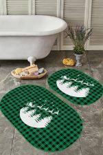 - RealHomes - Realhomes  Yeşil Ekose Motifli Yılbaşı Tasarımlı 2'li Oval Kaymaz Tabanlı Mutfak Paspas Takımı & Banyo Halısı Realhomes