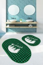 - RealHomes - Realhomes  Yeşil Ekose Motifli Yılbaşı Tasarımlı 2'li Oval Kaymaz Tabanlı Mutfak Paspas Takımı & Banyo Halısı Realhomes