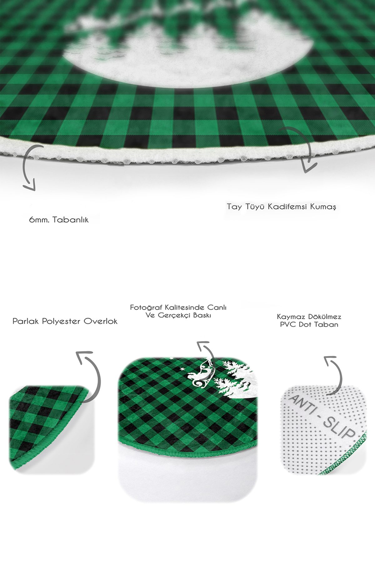 Yeşil Ekose Motifli Yılbaşı Tasarımlı 2'li Oval Kaymaz Tabanlı Mutfak Paspas Takımı & Banyo Halısı Realhomes