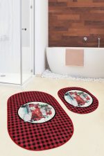 - RealHomes - Realhomes  Kırmızı Ekose Tasarımlı Yılbaşı Temalı 2'li Oval Banyo Halısı & Mutfak Paspas Takımı Realhomes