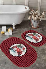 - RealHomes - Realhomes  Kırmızı Ekose Tasarımlı Yılbaşı Temalı 2'li Oval Banyo Halısı & Mutfak Paspas Takımı Realhomes