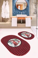 - RealHomes - Realhomes  Kırmızı Ekose Tasarımlı Yılbaşı Temalı 2'li Oval Banyo Halısı & Mutfak Paspas Takımı Realhomes
