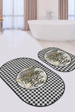 - RealHomes - Realhomes  Siyah Beyaz Ekose Tasarımlı 2'li Oval Kaymaz Tabanlı Banyo Halısı & Klozet Seti Realhomes