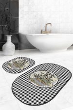 - RealHomes - Realhomes  Siyah Beyaz Ekose Tasarımlı 2'li Oval Kaymaz Tabanlı Banyo Halısı & Klozet Seti Realhomes