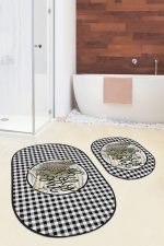 - RealHomes - Realhomes  Siyah Beyaz Ekose Tasarımlı 2'li Oval Kaymaz Tabanlı Banyo Halısı & Klozet Seti Realhomes