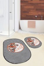 - RealHomes - Realhomes  Siyah Beyaz Ekose Motifli 2'li Oval Kaymaz Tabanlı Klozet Takımı & Banyo Paspas Seti Realhomes