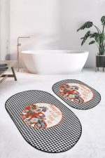 - RealHomes - Realhomes  Siyah Beyaz Ekose Motifli 2'li Oval Kaymaz Tabanlı Klozet Takımı & Banyo Paspas Seti Realhomes