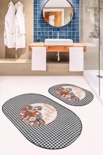 - RealHomes - Realhomes  Siyah Beyaz Ekose Motifli 2'li Oval Kaymaz Tabanlı Klozet Takımı & Banyo Paspas Seti Realhomes