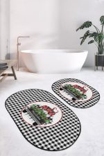 - RealHomes - Realhomes Siyah Beyaz Ekose Tasarımlı 2'li Oval Kaymaz Tabanlı Banyo Paspas Takımı & Mutfak Paspas Seti Realhomes