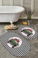 - RealHomes - Realhomes Siyah Beyaz Ekose Tasarımlı 2'li Oval Kaymaz Tabanlı Banyo Paspas Takımı & Mutfak Paspas Seti Realhomes