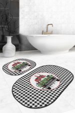 - RealHomes - Realhomes Siyah Beyaz Ekose Tasarımlı 2'li Oval Kaymaz Tabanlı Banyo Paspas Takımı & Mutfak Paspas Seti Realhomes