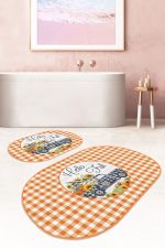 - RealHomes - Realhomes  Turuncu Ekose Motifli 2'li Oval Kaymaz Tabanlı Banyo Paspas Seti & Mutfak Paspas Takımı Realhomes