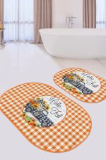 - RealHomes - Realhomes  Turuncu Ekose Motifli 2'li Oval Kaymaz Tabanlı Banyo Paspas Seti & Mutfak Paspas Takımı Realhomes