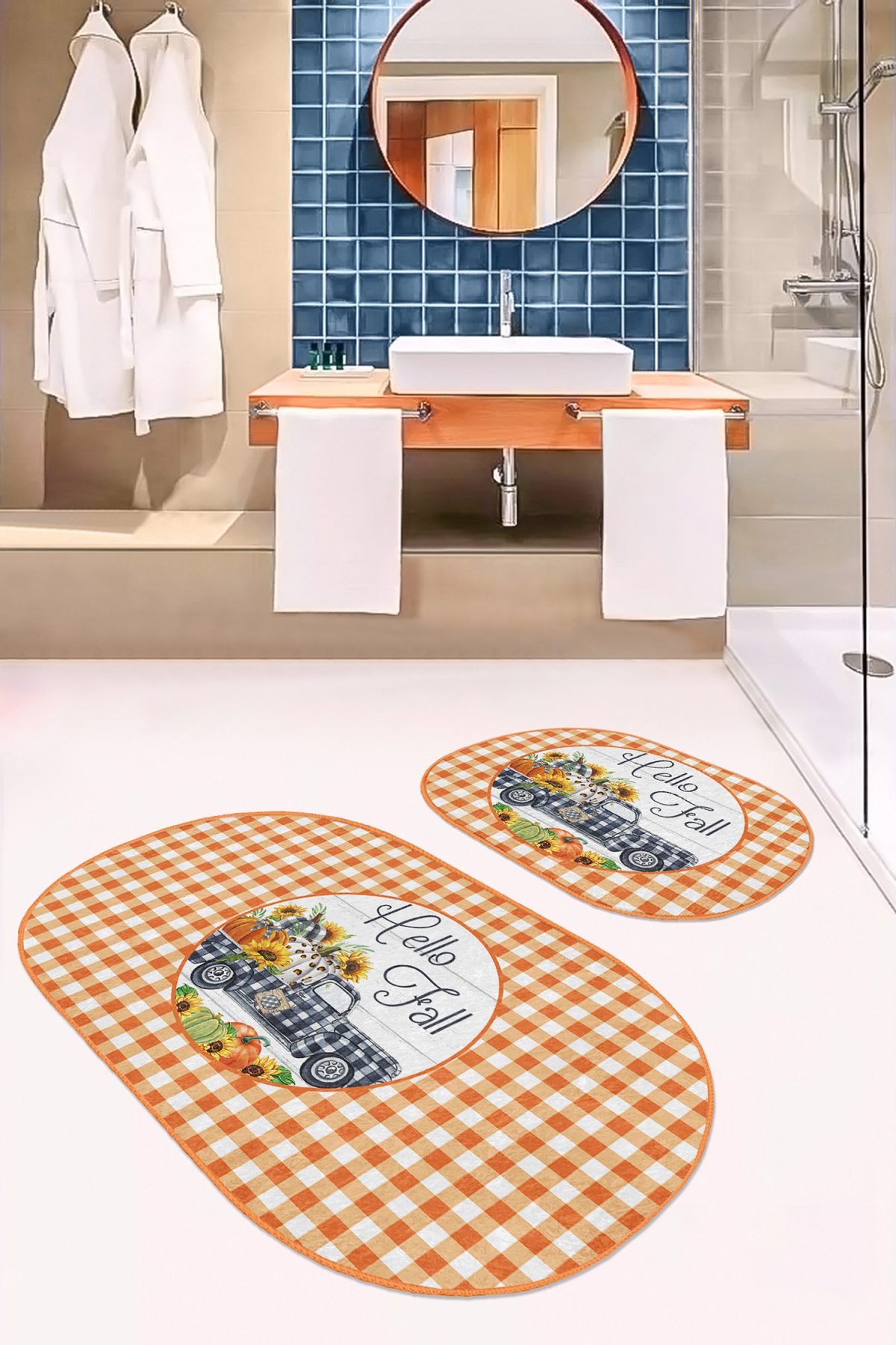 Turuncu Ekose Motifli 2'li Oval Kaymaz Tabanlı Banyo Paspas Seti & Mutfak Paspas Takımı Realhomes