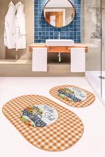 - RealHomes - Realhomes  Turuncu Ekose Motifli 2'li Oval Kaymaz Tabanlı Banyo Paspas Seti & Mutfak Paspas Takımı Realhomes